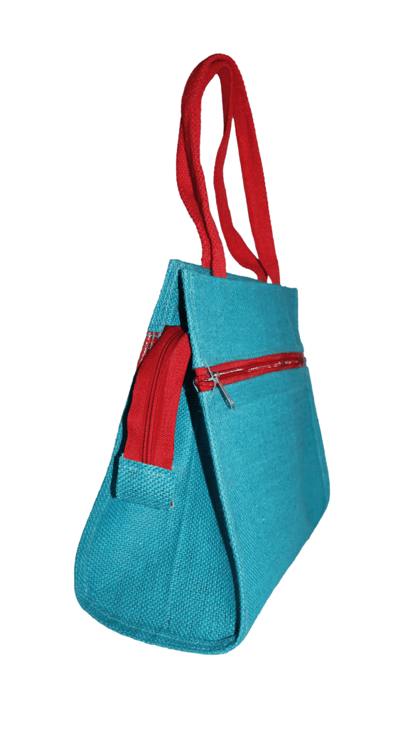 Handmade Blue Jute Bag with Red Handles and Silver Border view 2