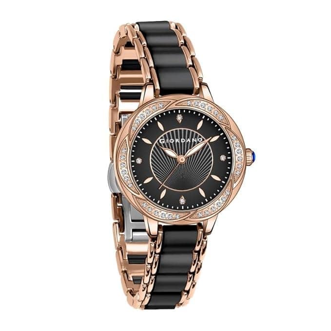 Giordano Flower Case Watch for Women with Crystal-Studded Bezel, Diamond Hour Markers & Dual Tone Stainless Steel Strap (Black)