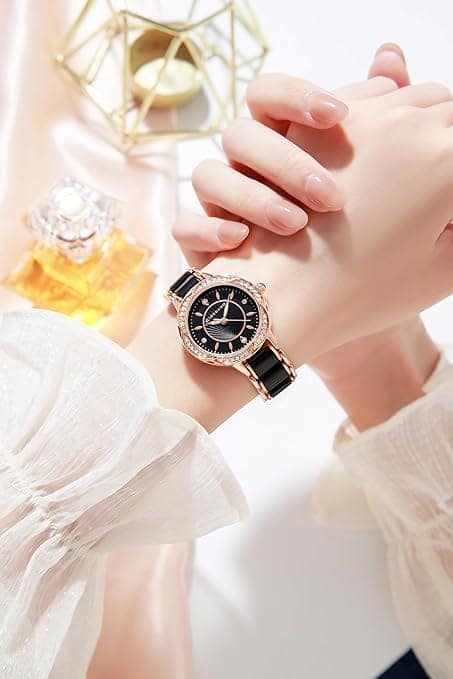 Giordano Flower Case Watch for Women with Crystal-Studded Bezel, Diamond Hour Markers & Dual Tone Stainless Steel Strap (Black) view 2