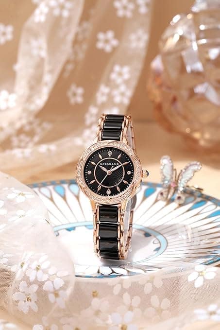Giordano Flower Case Watch for Women with Crystal-Studded Bezel, Diamond Hour Markers & Dual Tone Stainless Steel Strap (Black) view 3