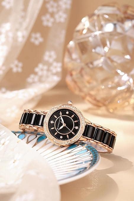 Giordano Flower Case Watch for Women with Crystal-Studded Bezel, Diamond Hour Markers & Dual Tone Stainless Steel Strap (Black) view 4