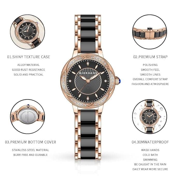 Giordano Flower Case Watch for Women with Crystal-Studded Bezel, Diamond Hour Markers & Dual Tone Stainless Steel Strap (Black) view 5