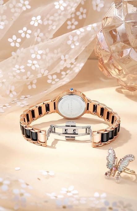 Giordano Flower Case Watch for Women with Crystal-Studded Bezel, Diamond Hour Markers & Dual Tone Stainless Steel Strap (Black) view 6
