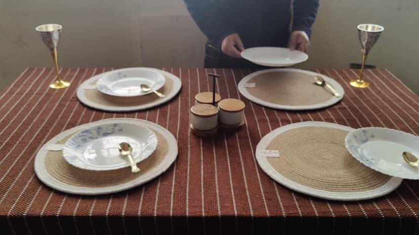 Round table mats cotton placemats (pack of 8) | Big Mats & Hotpads / trivets, Heat Resistant, Reversible Use (White - Beige) by Bulky Santa view 2