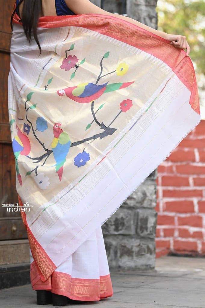 Raaga Exclusive ~ Traditional Handloom Pure Cotton White Paithani with Red Border and Parrots Pallu view 2