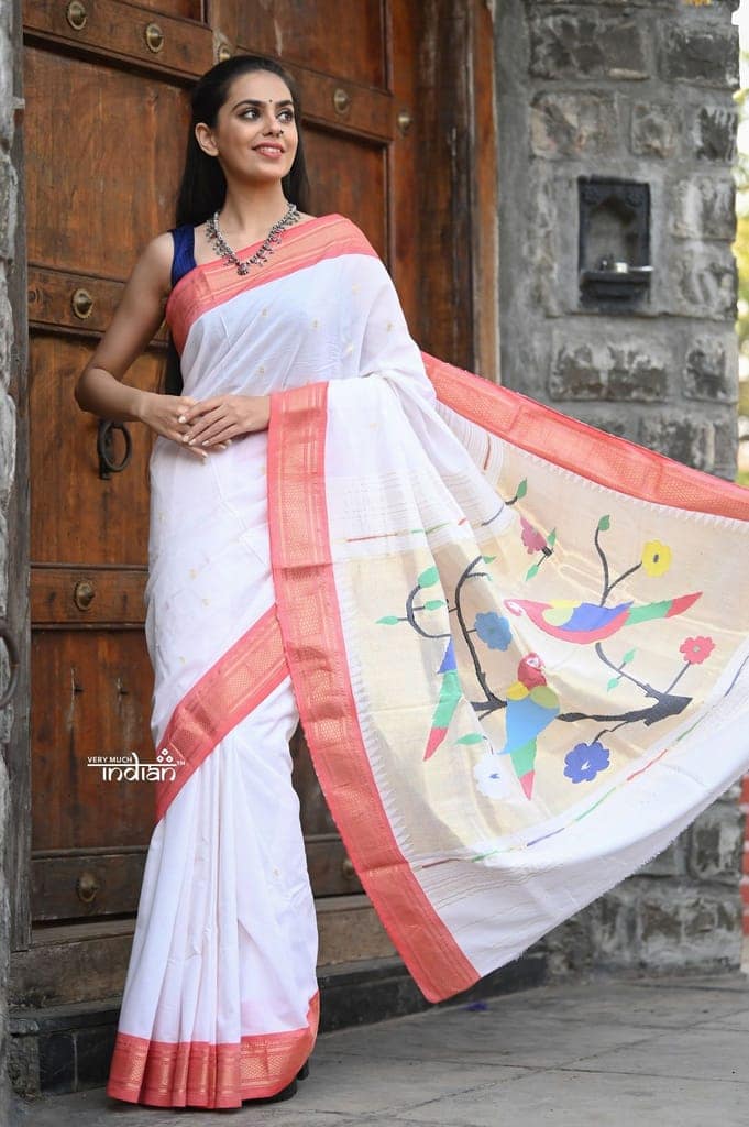 Raaga Exclusive ~ Traditional Handloom Pure Cotton White Paithani with Red Border and Parrots Pallu view 3