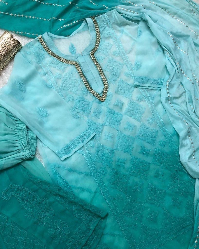 Georgette Chikankari Kurti and Plazo Set Turquoise Blue Color with Dupatta and Inner-4558 view 2