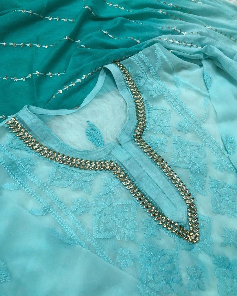 Georgette Chikankari Kurti and Plazo Set Turquoise Blue Color with Dupatta and Inner-4558 view 3