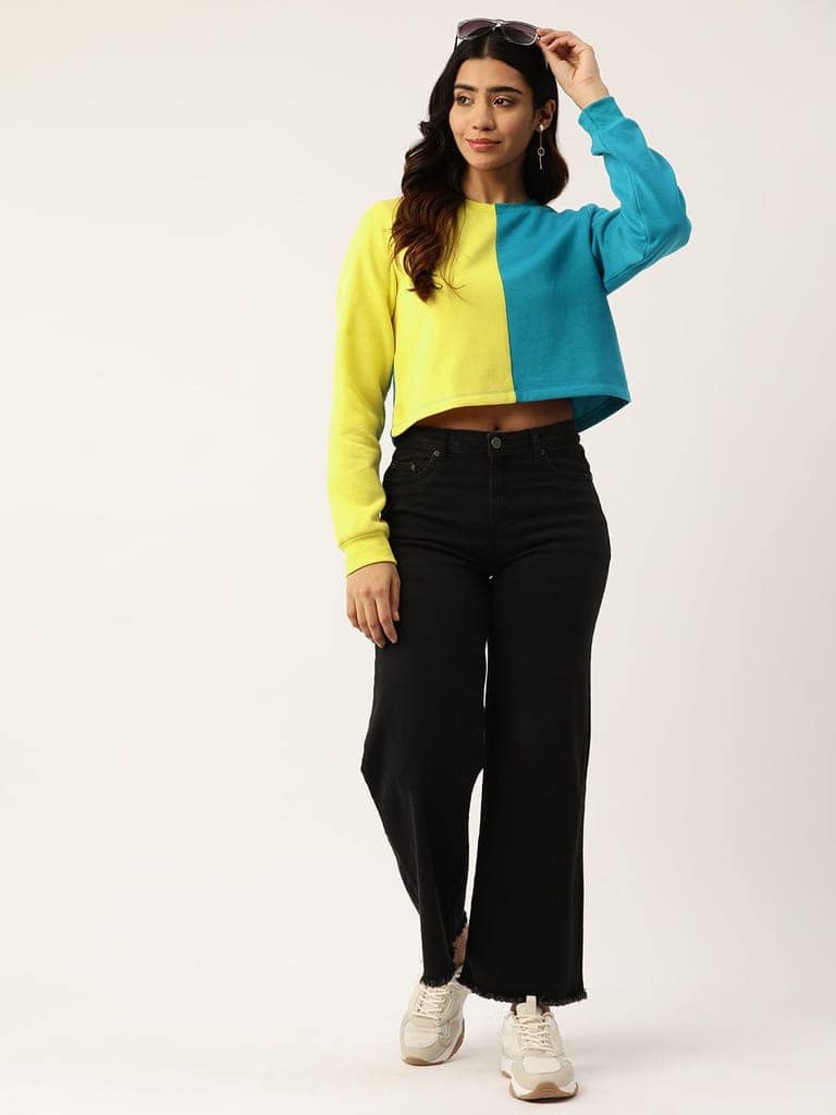 Turquoise Blue Colourblocked Fleece Sweatshirt