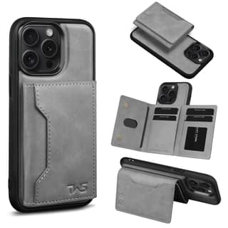 The Wallet Store Premium Leather iPhone Case Cover With Detachable Cardholder - Grey - iPhone 15 Pro Max