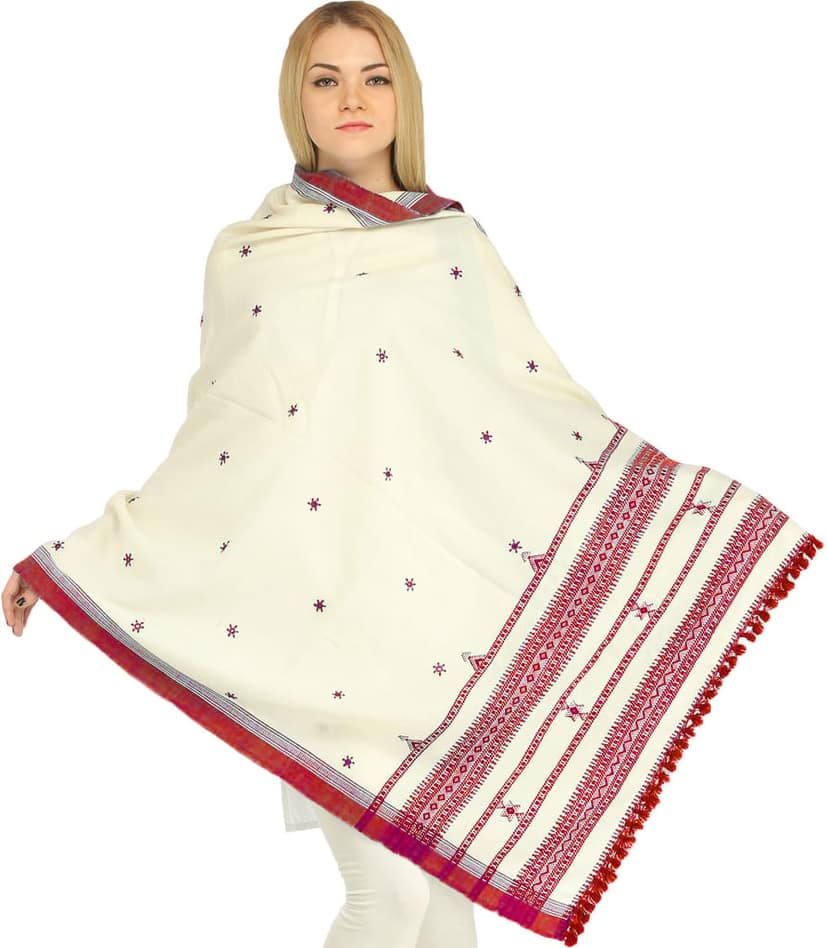 Off-White Shawl from Kutch with Embroidered Flowers and Mirrors view 2