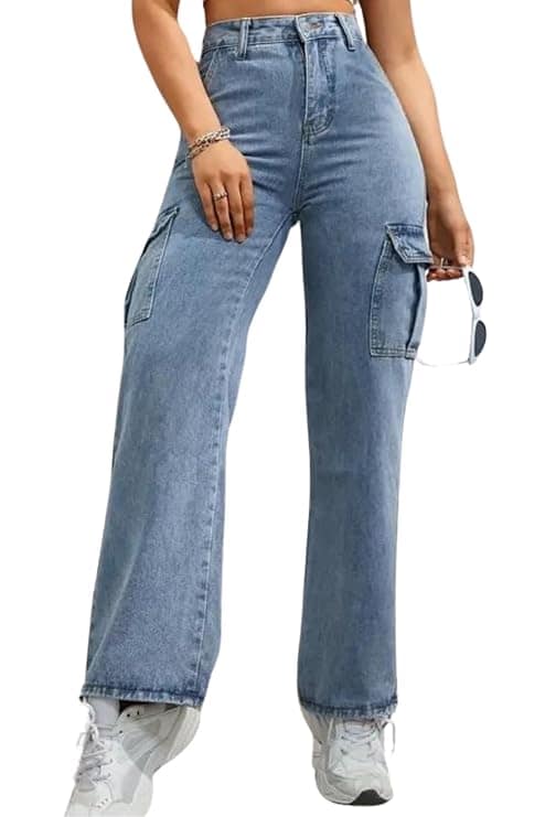 Glossia Fashion High Waist Cargo Denim Jeans for Women Wide Leg Stretchable Straight Fit Jeans - Light Blue, 28