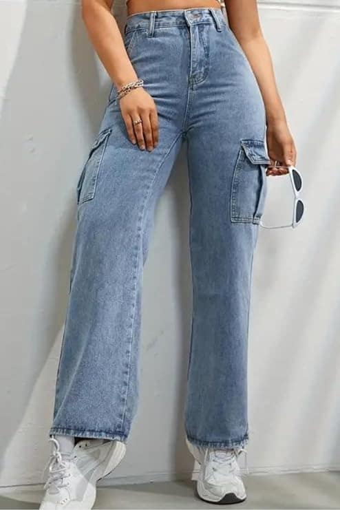 Glossia Fashion High Waist Cargo Denim Jeans for Women Wide Leg Stretchable Straight Fit Jeans - Light Blue, 28 view 2