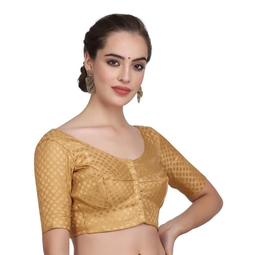 Brocade Dot Stitched Saree Blouse with Short Sleeves view 3