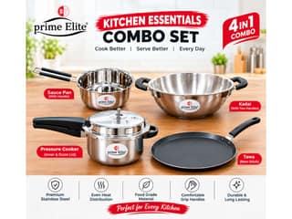 Prime Elite 4-Piece Stainless Steel Kitchen Cookware Combo Set 3L Pressure Cooker, 3L Kadai, 2L Saucepan & 3-Ply Tawa