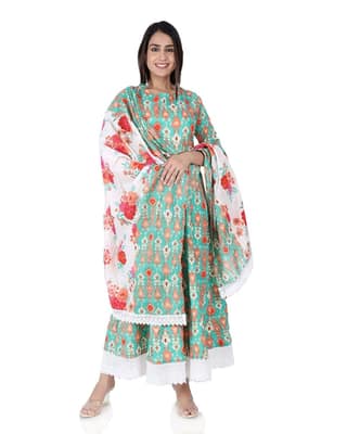 MANMAYEE women's Heavy Embriodery Anarkali Kurti with Dupatta with Heavy Lace