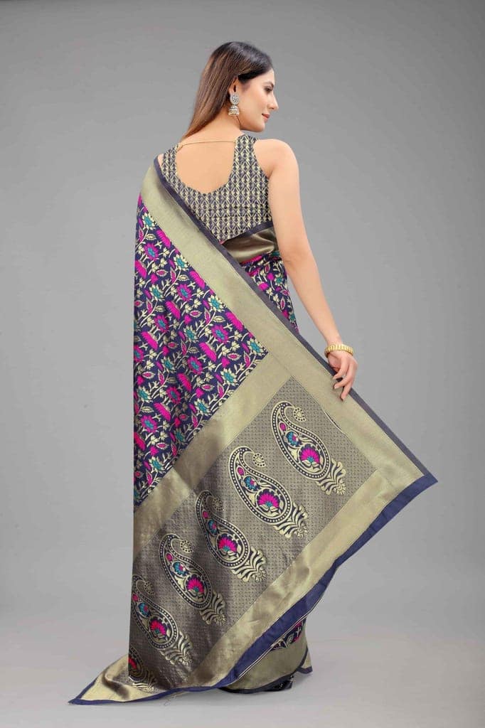 Women's Banarasi Silk Woven Design Navy Blue Saree view 2