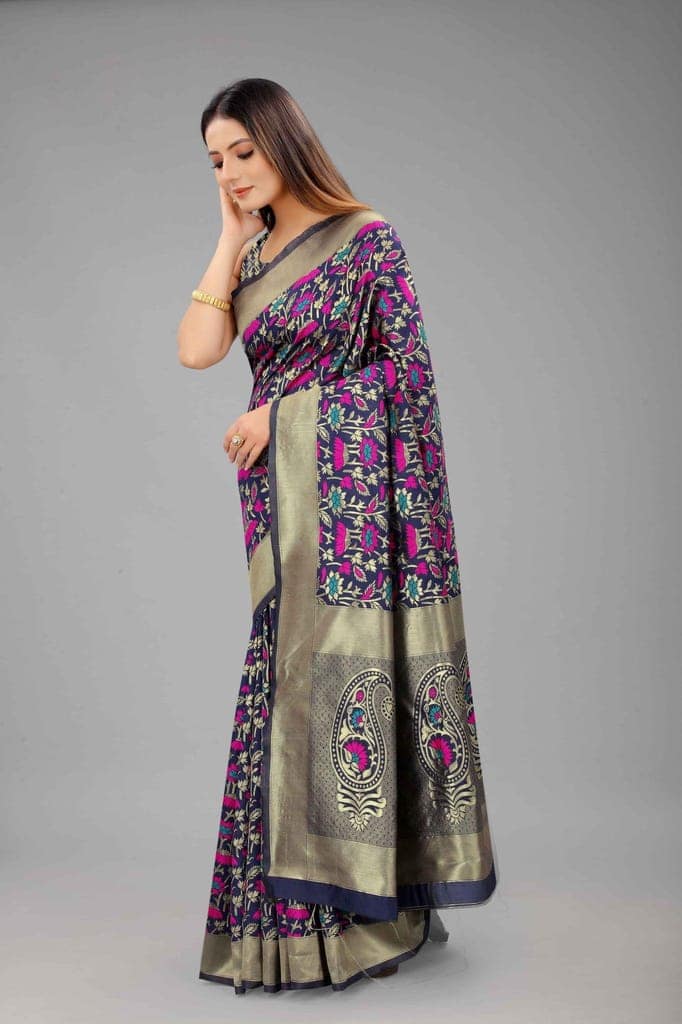 Women's Banarasi Silk Woven Design Navy Blue Saree view 3