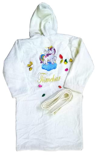 TurtleLittle, 100% Cotton, Personalised Unicorn Pony Princess Bathrobe with Hood for Kids, 7 to 10 Years, with Name and Initials, 350 GSM (Set of 1, Ivory White)