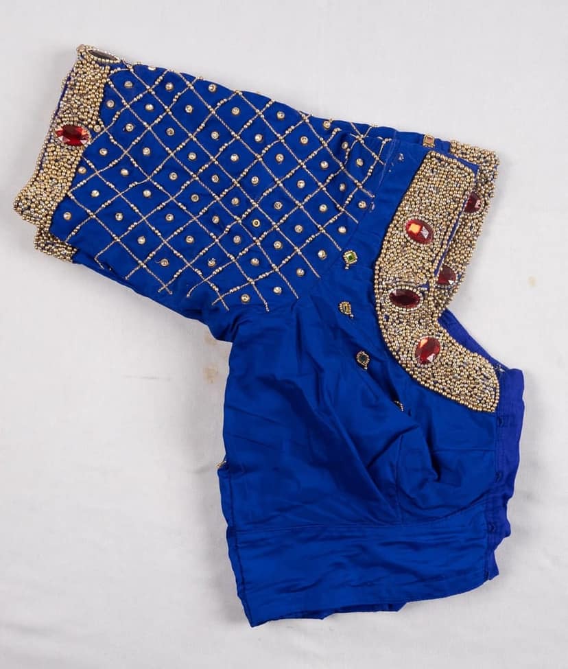 Blue Hand Embroidered Blouse With Zari And Stone Work view 3