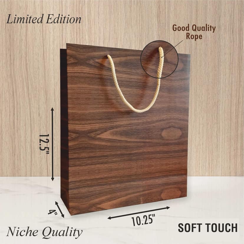 Brown Teakwood Design Premium Paper Gift Bags, Ideal For Festive Gifts, Wedding Gifts & Gifting on Special Occasions (Size: 12.5x10.25x4 inch) - Set of 5 view 2