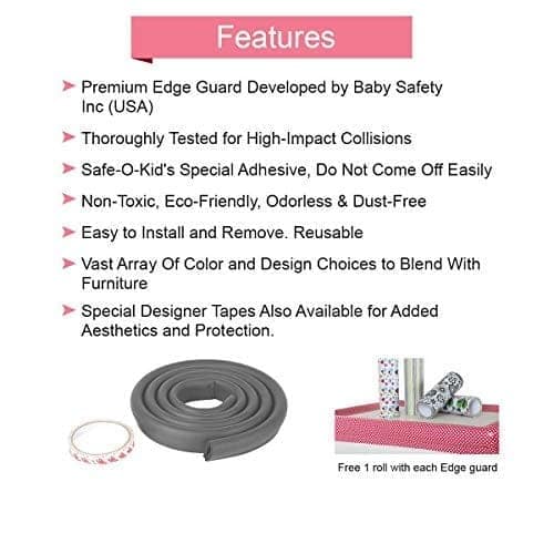 Safe-O-Kid (Set of 4), Soft Cushioned 6.4 Ft / 2 Mtr Long U-Shaped Edge Guards with Strong 3M Adhesive, Safety for Sharp Edges for Babies- Grey view 2