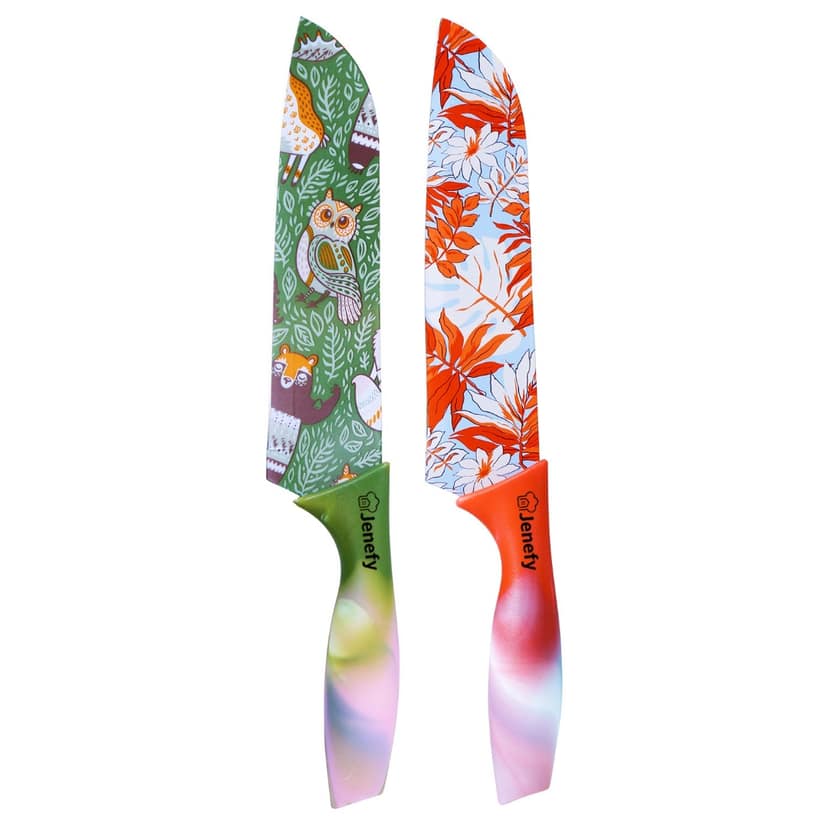 Jenefy Ultra Sharp Knife with prints of protective sheath Chef Knife Japanese Santoku Knife with Non stick coating Non Slip Ergonomic Handle & Blade Cover High carbon Stainless Steel Green & Red Combo
