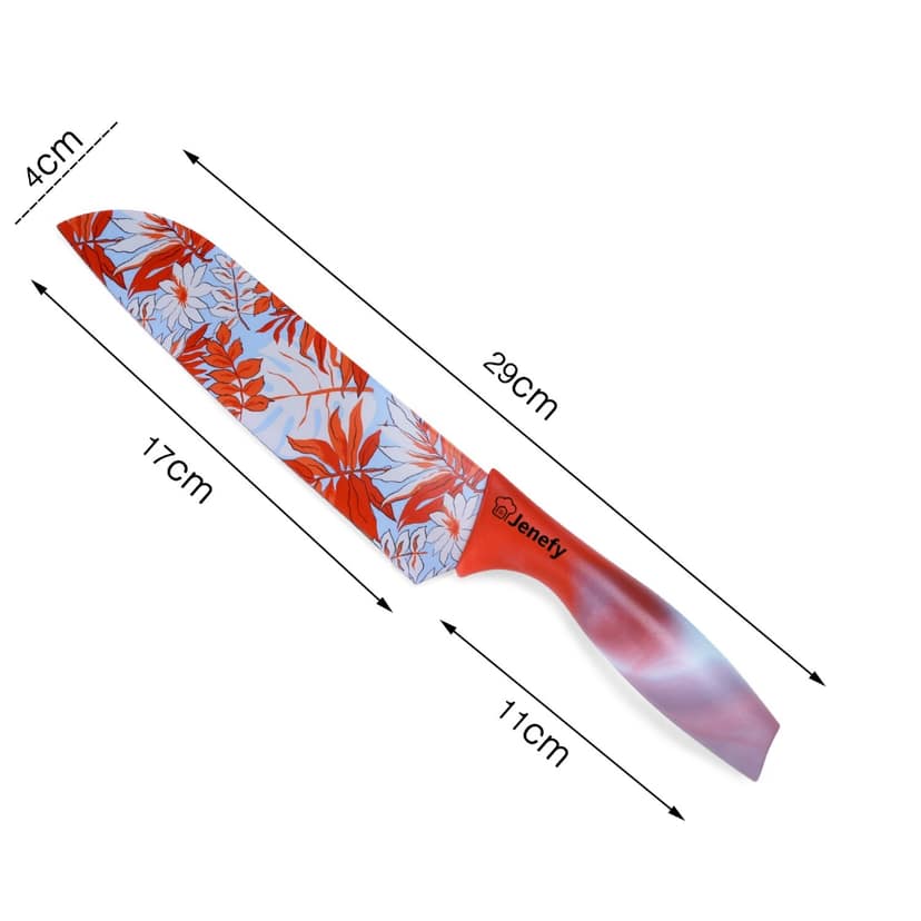Jenefy Ultra Sharp Knife with prints of protective sheath Chef Knife Japanese Santoku Knife with Non stick coating Non Slip Ergonomic Handle & Blade Cover High carbon Stainless Steel Green & Red Combo view 2