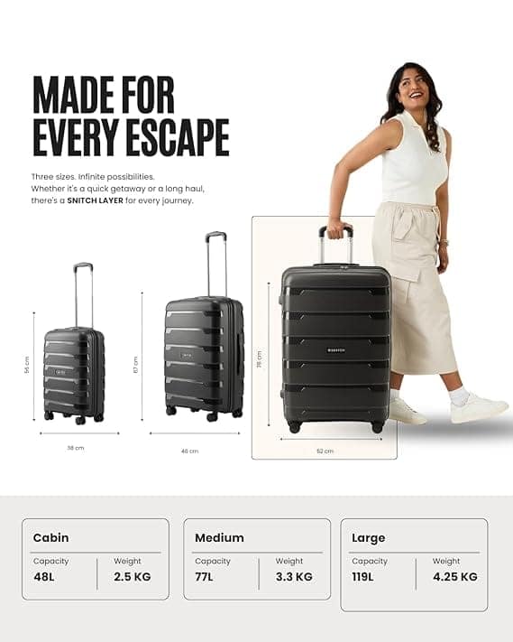 SNITCH Layer Large Size Black Polypropylene Hard Travel Suitcase - Large Trolley Bags & Luggage with 8 Wheels, Premium Lock, Wet & Dry Pouch & Free Shoe Bag view 7
