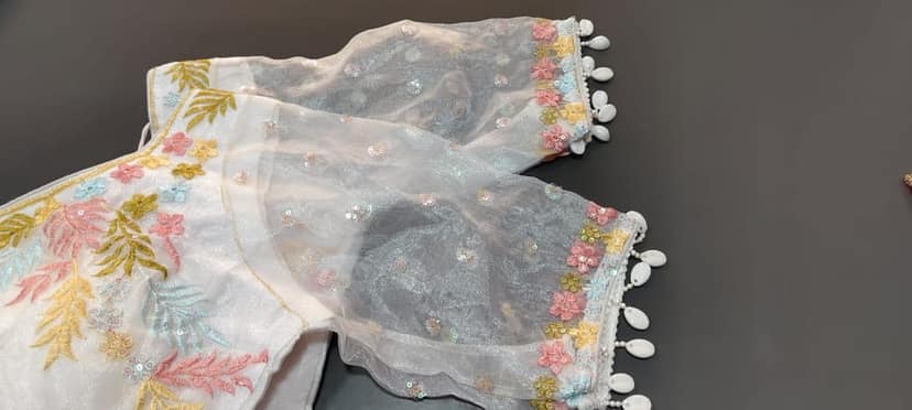 Women's Embroidered Organza Blouse with Shell Tassels view 3