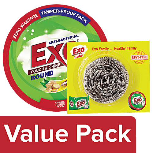 Exo Dishwash Bar - Anti-Bacterial, Round 700 gm + Safal Steel Scrubber 1 pc, Combo 2 Items
