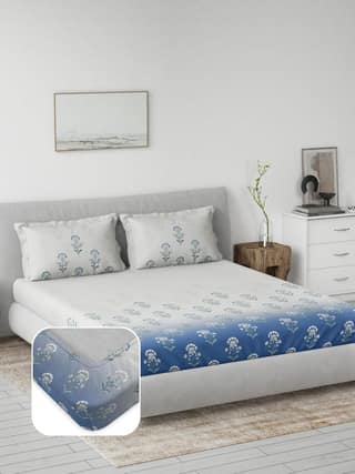DDECOR - Primary Collection 100% Cotton Ethnic Pattern 145TC King Fitted Sheet|180 CM X 198 CM| - Blue