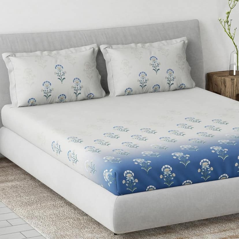 DDECOR - Primary Collection 100% Cotton Ethnic Pattern 145TC King Fitted Sheet|180 CM X 198 CM| - Blue view 2