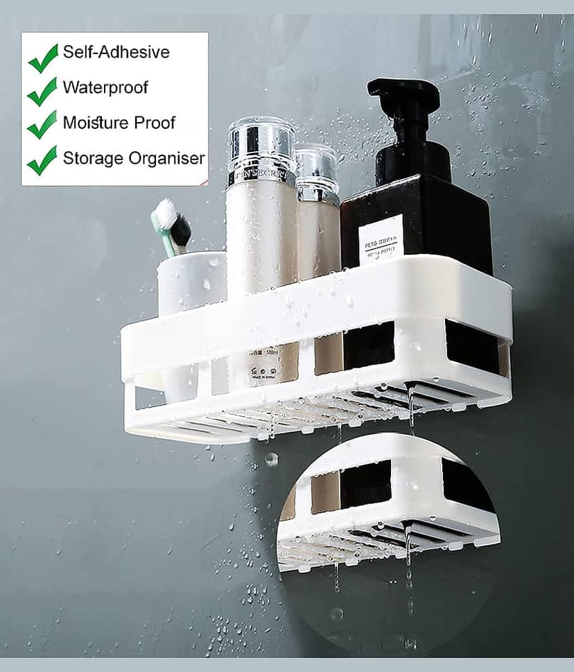 BLUE HOME AND KITCHEN Plastic Self Adhesive Wall Mounted Rectangular Bathroom Shelf Storage Organizer White (Pack Of 2) view 2