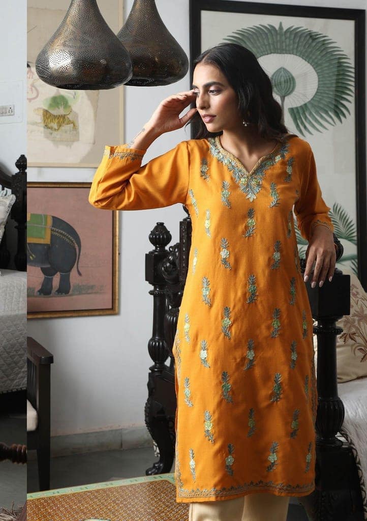 HOC Crafts Aari Embroidered Cotton Solid Women's Long Kurta - Yellow view 2