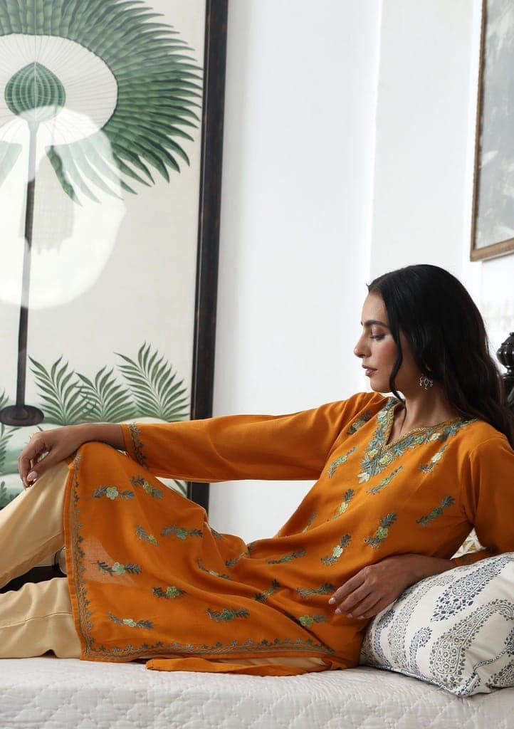 HOC Crafts Aari Embroidered Cotton Solid Women's Long Kurta - Yellow view 5