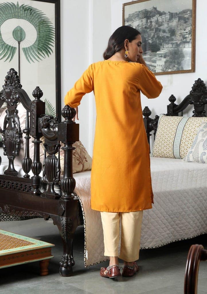 HOC Crafts Aari Embroidered Cotton Solid Women's Long Kurta - Yellow view 7