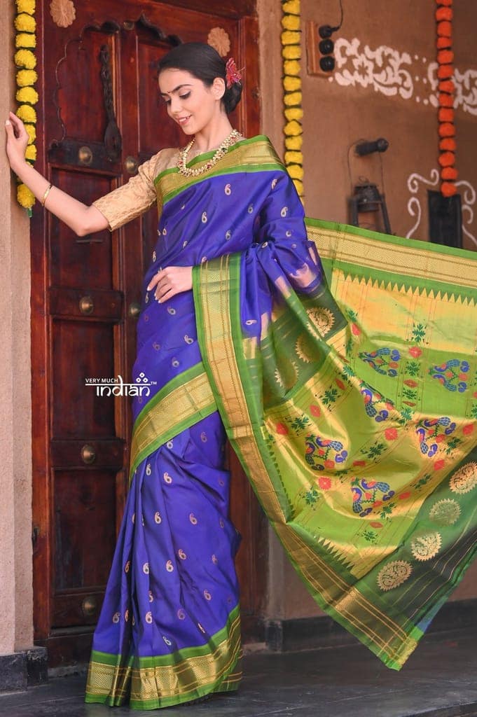Topselling ~ Traditional Handloom Pure Silk Dual Tone Blue Maharani Paithani with Lime Green Border view 2