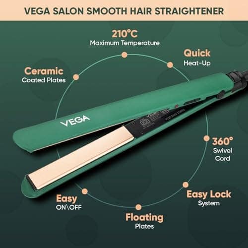 Vega Salon Smooth Hair Straightener for Women with Ceramic Coated Plates, Quick Heatup & Travel Friendly, Travel Lock, Suitable for All Hair Types, 1 Year Warranty, Green (VHSH-42) view 3
