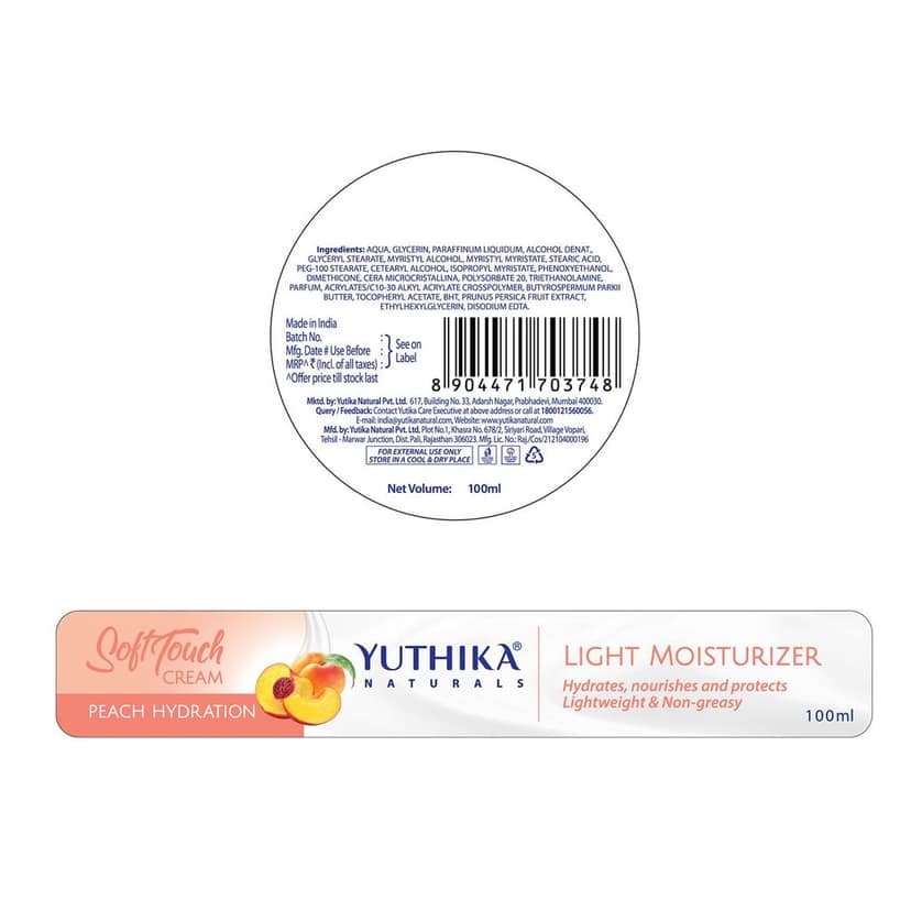 Yuthika Peach Hydration Light Moisturizer Cream for Face, Hand, Body, Dry Skin Moisturizer for All Skin Types - 100ml view 2