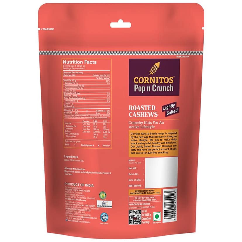 Cornitos Lightly Salted Roasted Cashews, 200 G Pouch view 2