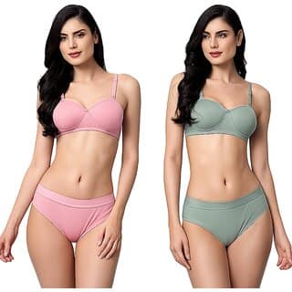 (Pack Of 2) - B Cup Padded | DoctorLingerie - Bra Panty Set - Solid Pink, Green Lingerie Set