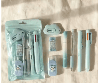 7 Pcs Cute Stationery Set for Girls – Aesthetic School Supplies Kit (Blue)