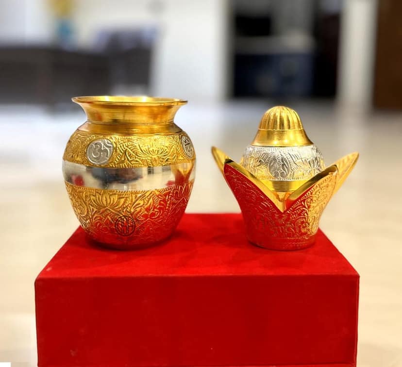 Brass Kalash with Coconut and Mango Leafs with Royal Velvet Box for Diwali Pujan Home,Temple and Return Gift.(Kalash) view 2