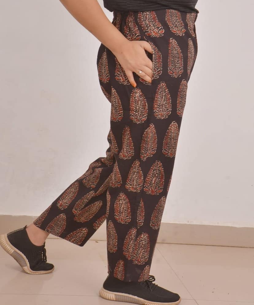 Black Ajrakh Handprint Cotton Pants for women view 3
