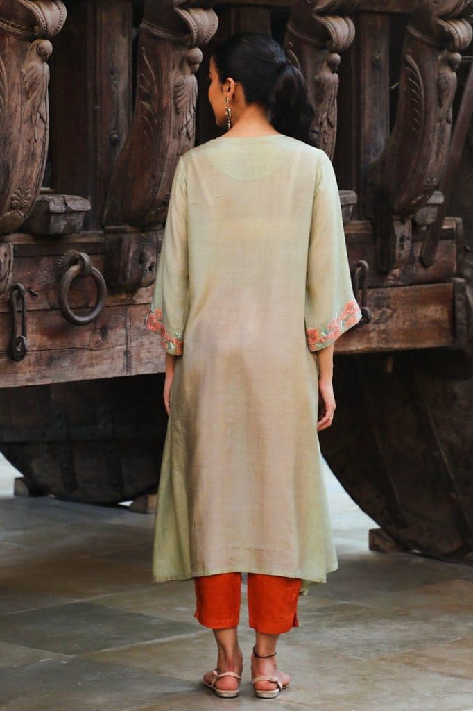 Juhi Pista Green Kurta Cum Dress With Crewel Embroidery view 8