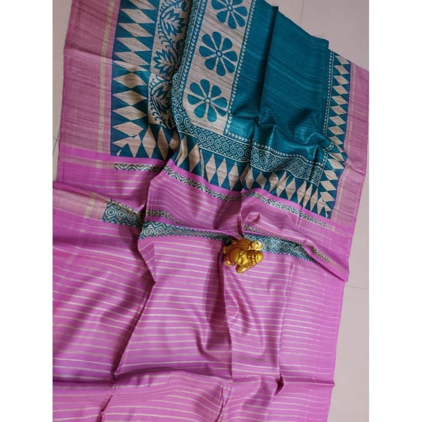 Silkmark Certified Tussar Silk Handloom Handblock Printed Blue and Pink Saree with Blouse-7048