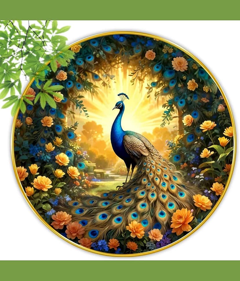 Livin'luxe paintings Peacock modern art Premium Sparkle lamination Golden Slim Frame 40 cm x 40 cm Large Size