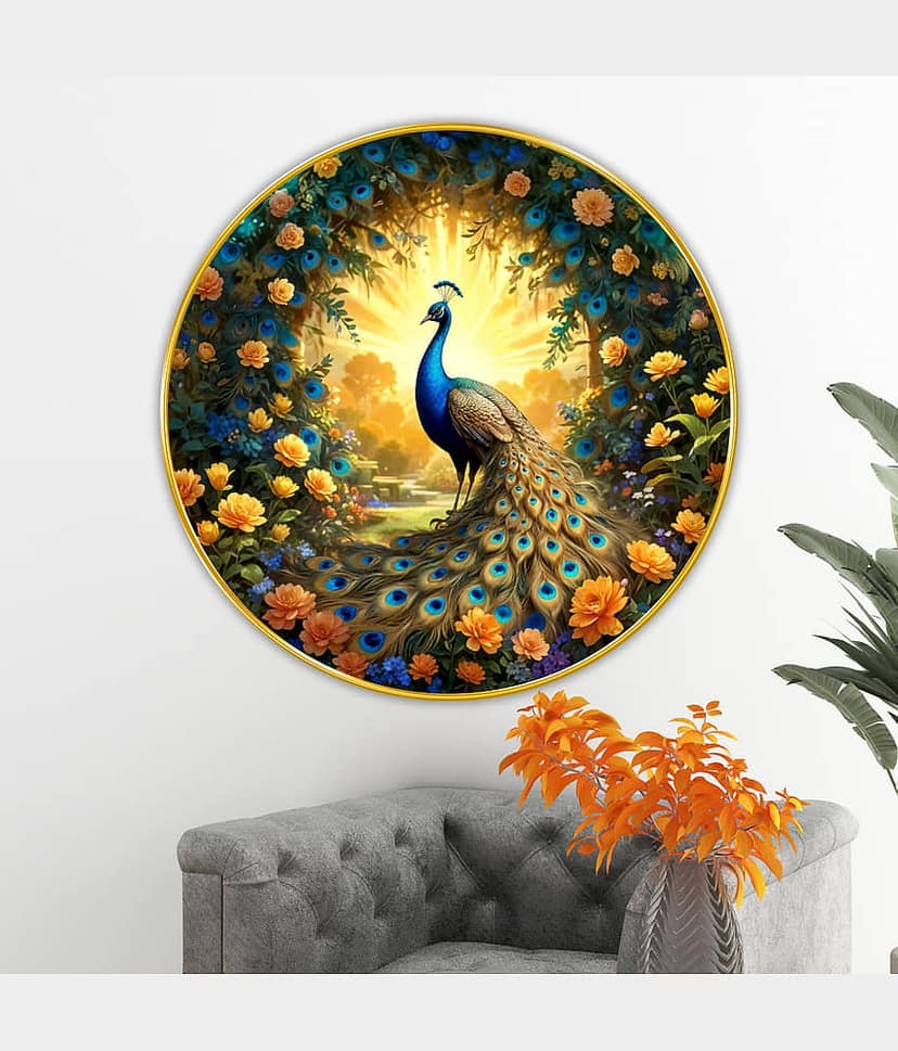 Livin'luxe paintings Peacock modern art Premium Sparkle lamination Golden Slim Frame 40 cm x 40 cm Large Size view 2