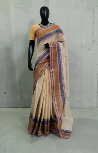 Handwoven Kanchipuram Cotton-Silk Saree in Tan with Blue Striped Border